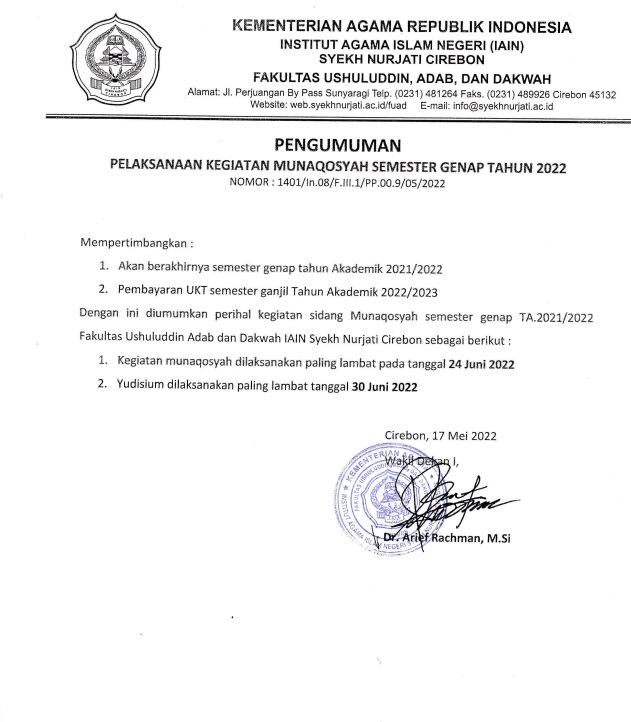 Pengumuman Batas Maksimal Pendaftaran Munaqasah Skripsi Semester Genap Tahun 2022 Jurusan ILHA