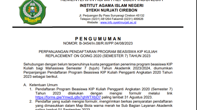 PERPANJANGAN PENDAFTARAN PROGRAM BEASISWA KIP KULIAH REPLACEMENT ON GOING 2020 (SEMESTER 7) TAHUN 2023