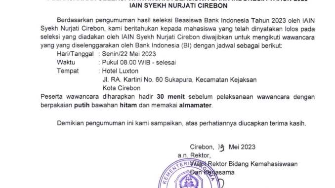 Pengumuman Pelaksanaan Seleksi Wawancara Beasiswa BI Tahun 2023 Jurusan ILHA
