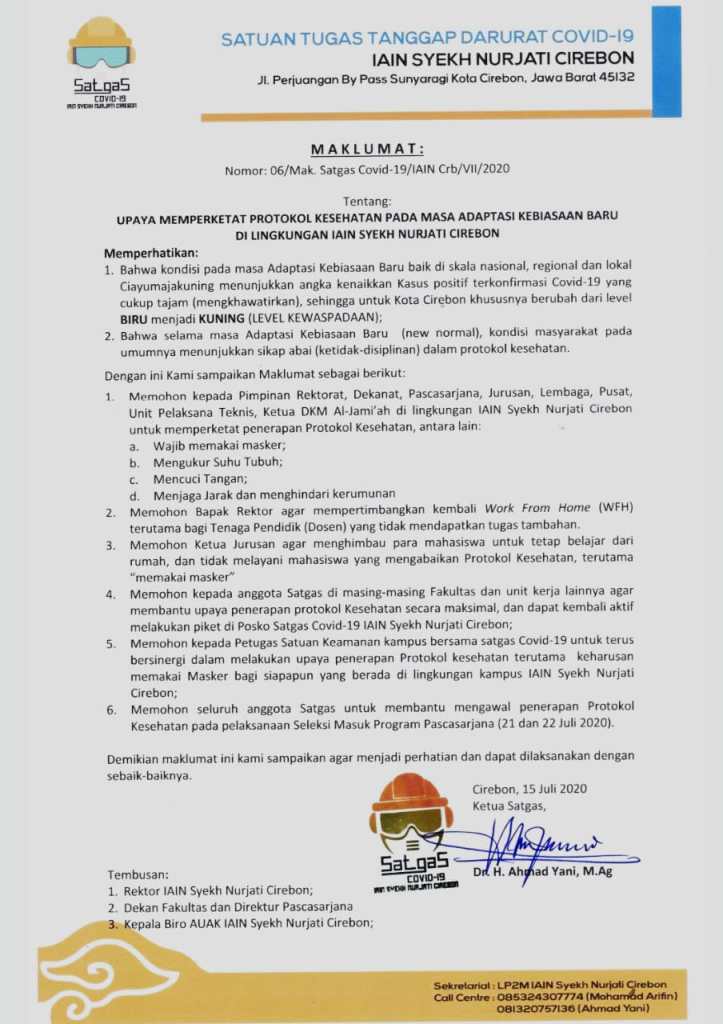 Upaya Memperketat Protokol Kesehatan pada Masa AKB di Lingkungan IAIN Syekh Nurjati Cirebon (Maklumat)