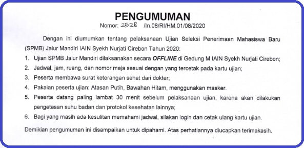 Pengumuman Pelaksanaan Ujian SPMB IAIN Syekh Nurjati Cirebon tahun 2020