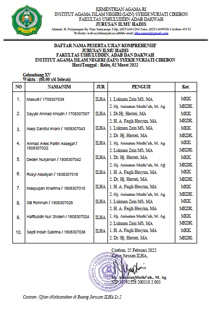 Jadwal Ujian Komprehensif Gel XV Jurusan ILHA