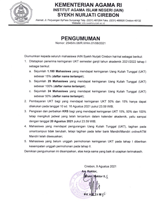 Pengumuman Penerima Keringanan UKT 15% Mahasiswa ILHA - IAIN Syekh Nurjati Cirebon