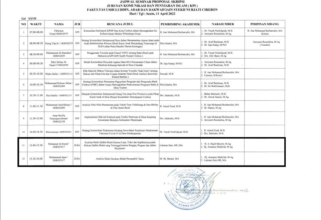 Jadwal Seminar Proposal ILHA Gel XXVII