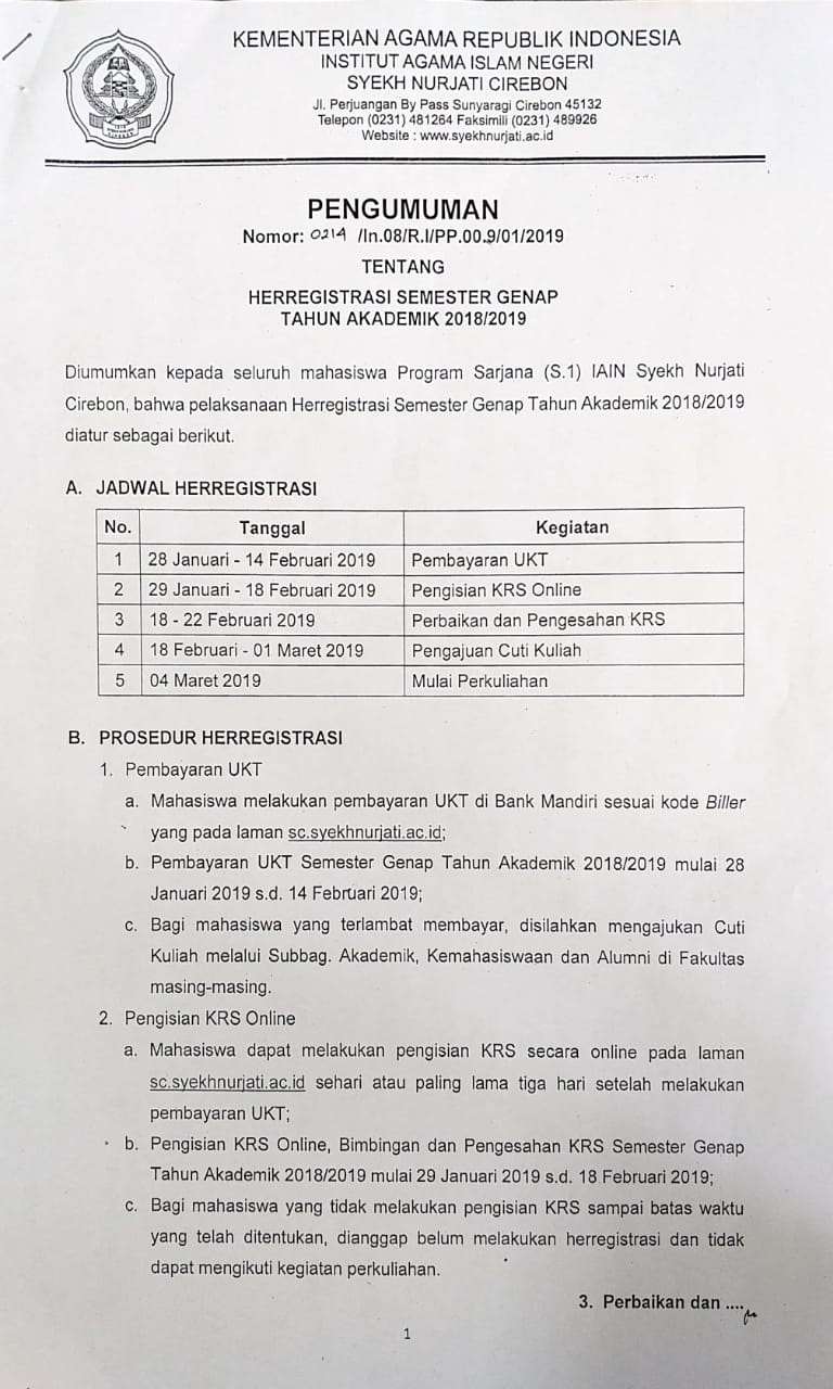 HERREGISTRASI SEMESTER GENAP TA 2018/2019