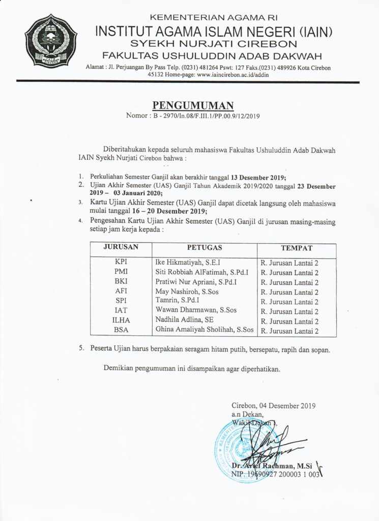 Pemberitahuan Ujian Akhir Semester Ganjil TA 2019/2020
