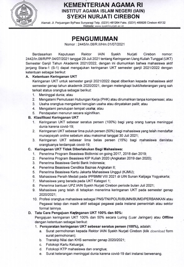 Pengumuman Keringanan UKT Semester Ganjil TA 2021-2022