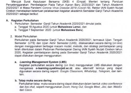 Surat Edaran Tentang Pelaksanaan Kegiatan Akademik Semester Ganjil 2020-2021