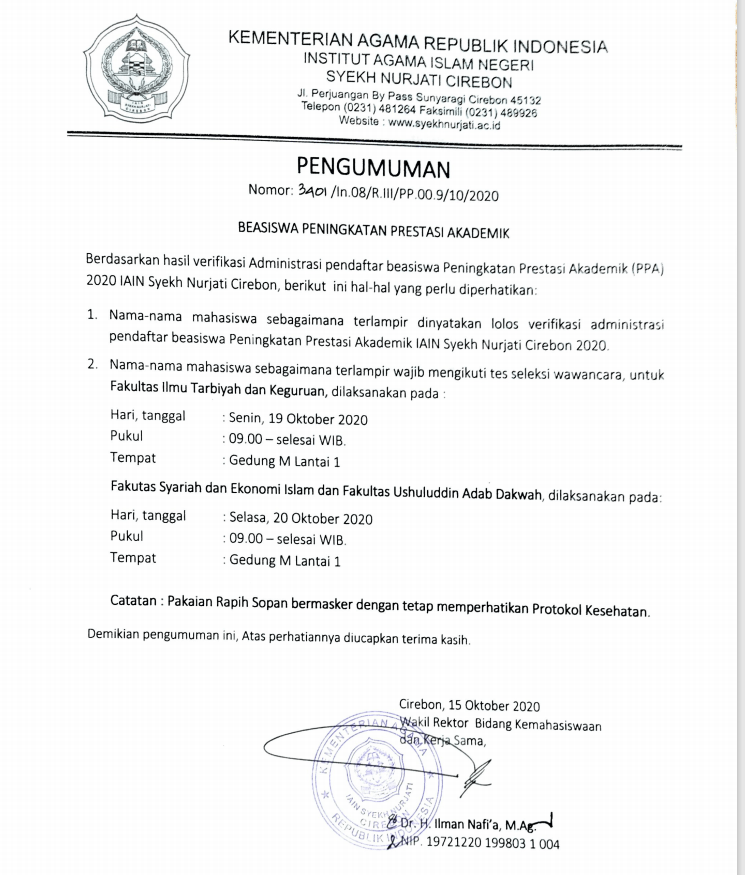 Pengumuman Seleksi Beasiswa Peningkatan Prestasi Akademik Jurusan ILHA