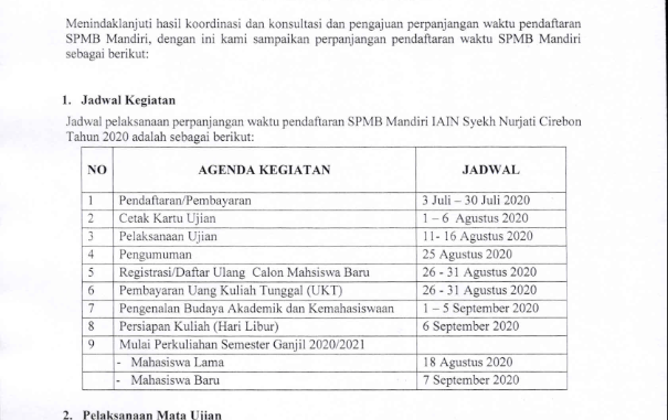 PENGUMUMAN PERPANJANGAN JADWAL SPMB IAIN SYEKH NURJATI CIREBON TAHUN 2020