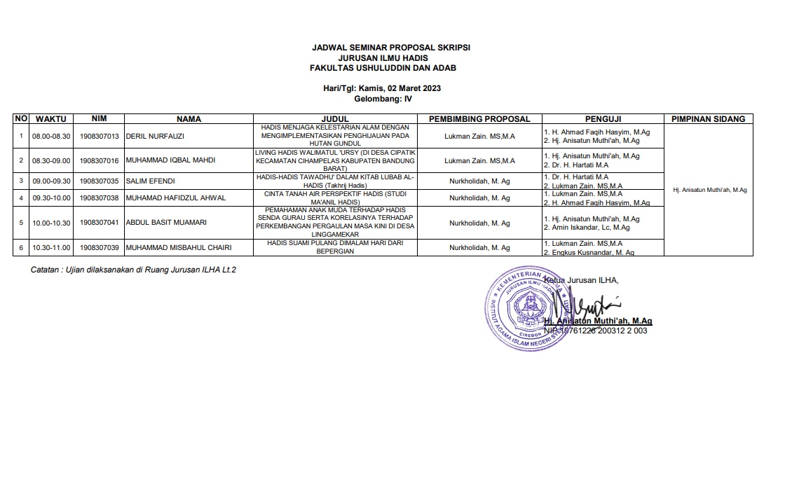 Jadwal Seminar Proposal 02 Maret 2023 Gel IV