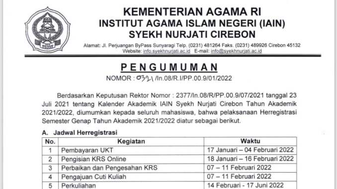 Pengumuman Pembayaran UKT IAIN Syekh Nurjati Cirebon Tahun 2022