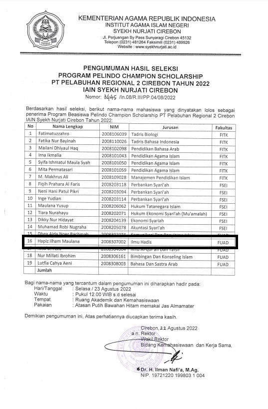 PENGUMUMAN HASIL SELEKSI PROGRAM BEASISWA PELINDO CHAMPION SCHOLARSHIP PT PELABUHAN REGIONAL 2 CIREBON TAHUN 2022 JURUSAN ILHA