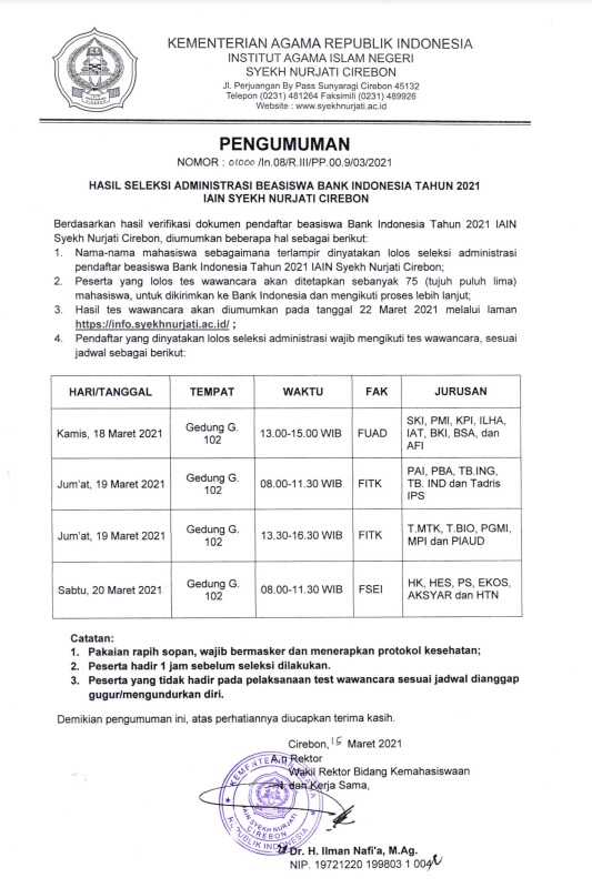PENGUMUMAN SELEKSI ADMINISTRASI BEASISWA BI- MAHASISWA ILHA