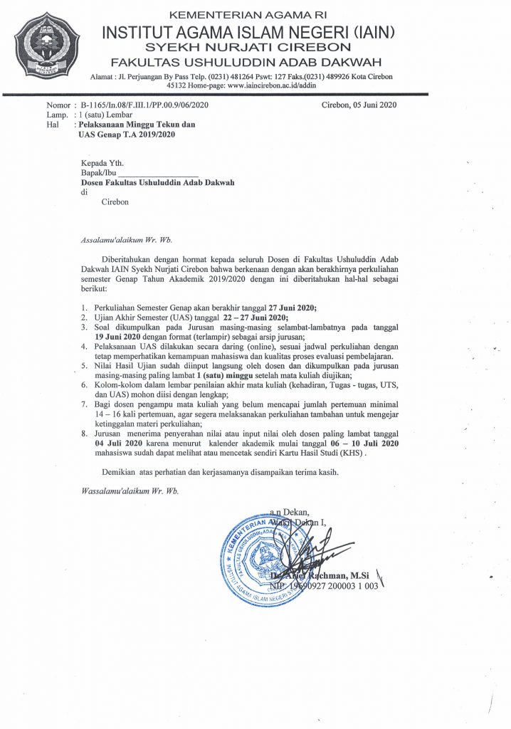 Surat Edaran Pelaksanaan Minggu Tekun Dan UAS Genap T.A 2019/2020 Fakultas Ushuluddin, Adab dan Dakwah