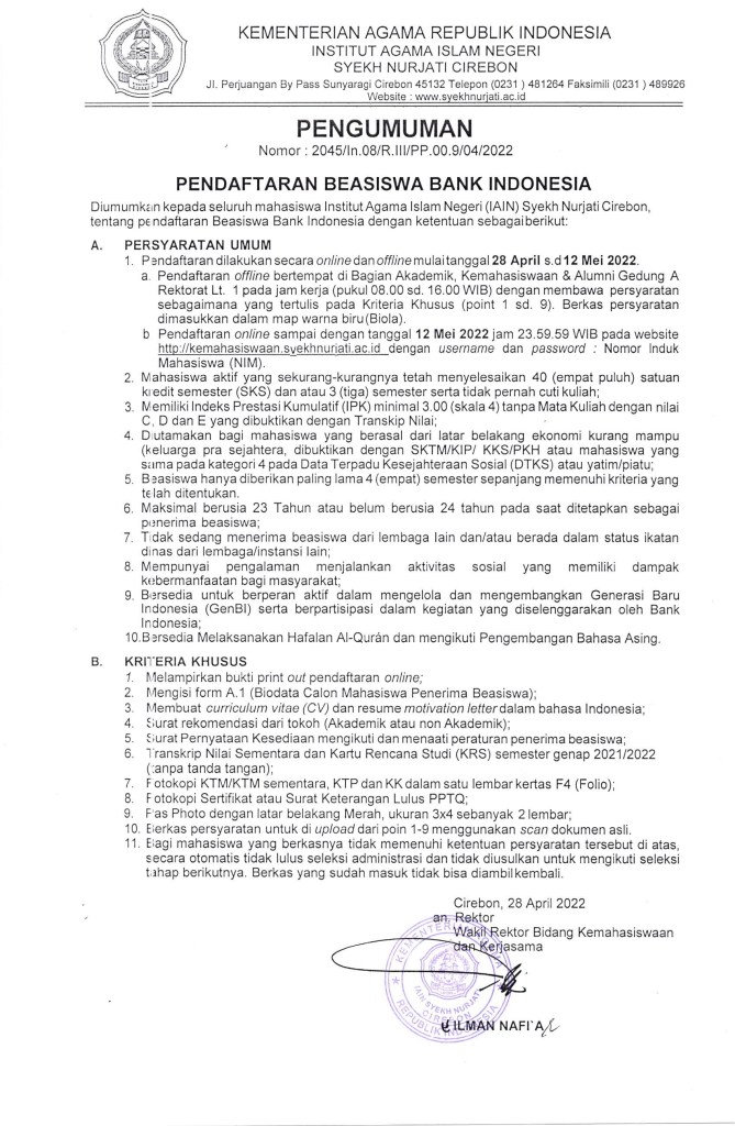 Pengumuman Pendaftaran Beasiswa Bank Indonesia
