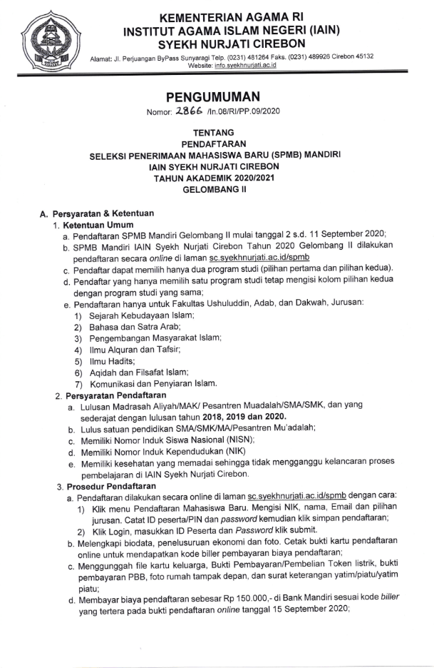 SPMB Mandiri Tahap II Tahun Akademik 2020/2021