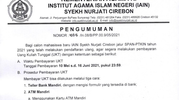 Pengumuman Pembayaran UKT Jalur SPAN-PTKIN Tahun 2021