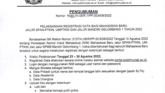 PENGUMUMAN REGISTRASI DATA MAHASISWA BARU JURUSAN ILHA
