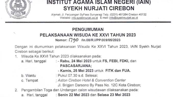 Pengumuman Pelaksanaan Wisuda Sarjana dan Magister ke XXVI IAIN Syekh Nurjati Cirebon Tahun 2023