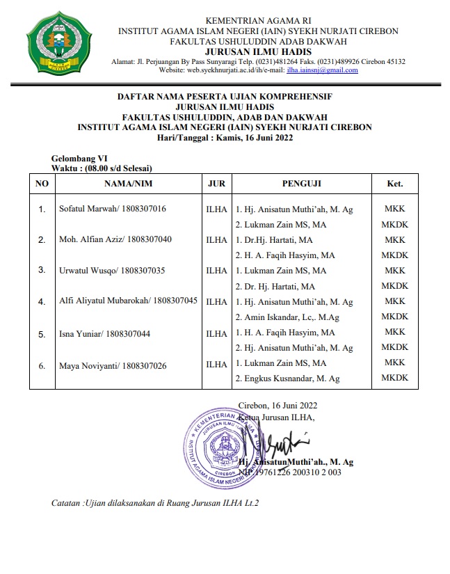 Jadwal Ujian Komprehensif Gel VI Jurusan ILHA Tahun 2022