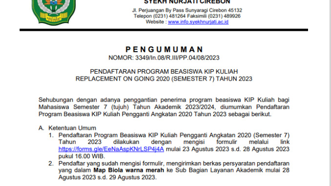 PENGUMUMAN PEDAFTARAN BEASISWA KIP (PENGGANTI) ANGKATAN TAHUN 2020
