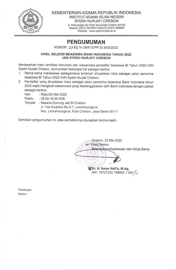 HASIL SELEKSI BEASISWA BANK INDONESIA TAHUN 2022 JURUSAN ILHA