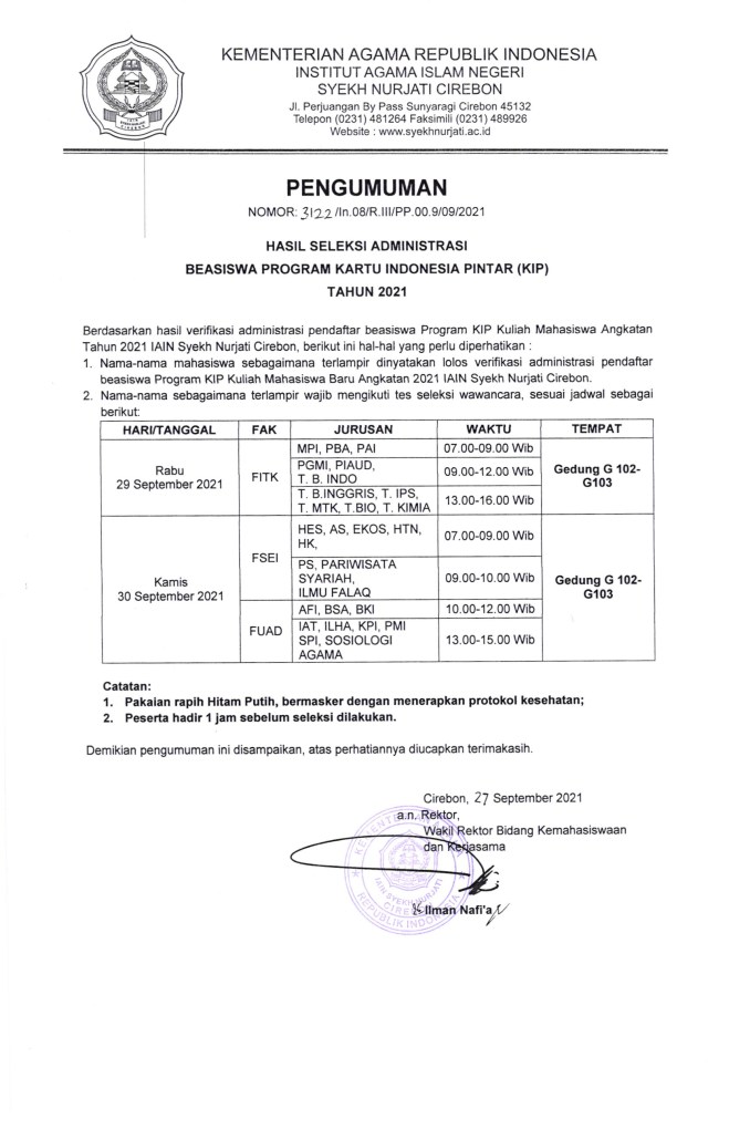 Pengumuman - Hasil Seleksi Administrasi Beasiswa Program KIP Tahun 2021 Jurusan ILHA