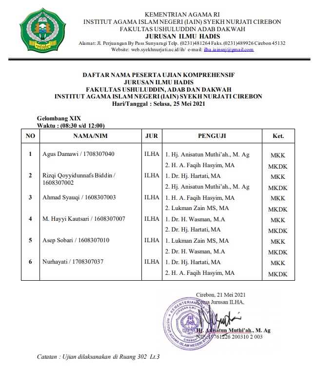 Jadwal Ujian Komprehensif Gel XIX Jurusan Ilmu Hadis
