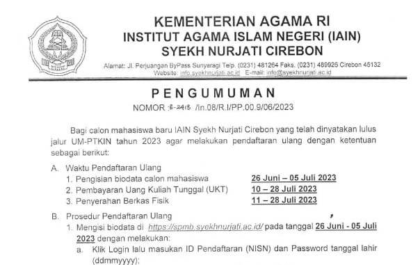 PENGUMUMAN REGISTRASI MAHASISWA BARU UM-PTKIN 2023 Jurusan ILHA