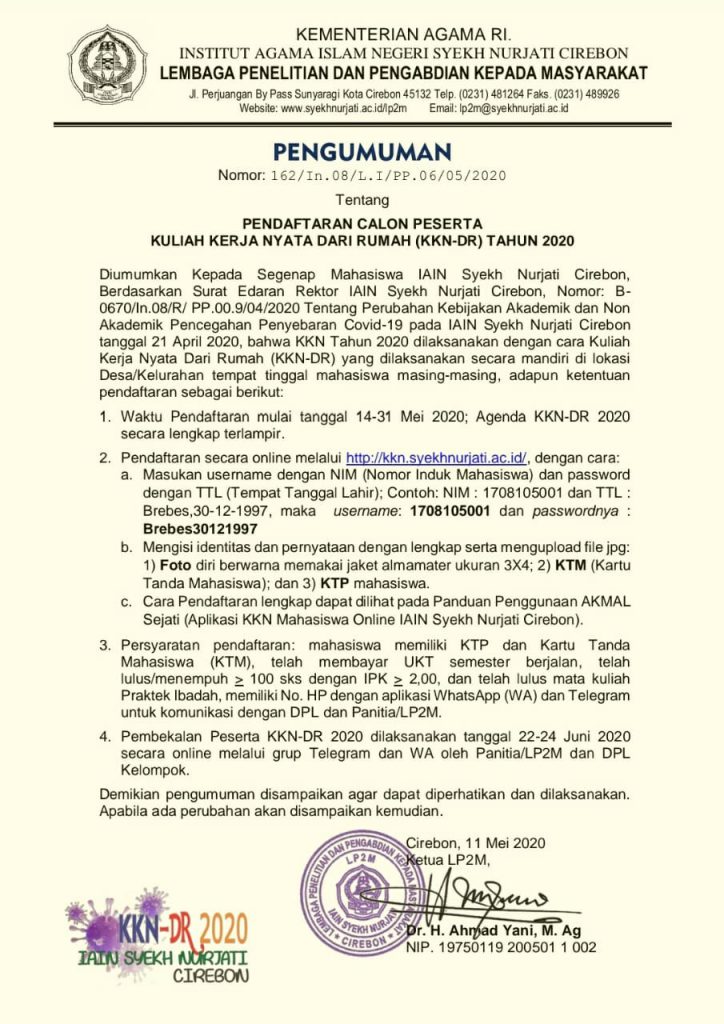 Pengumuman Kuliah Kerja Nyata Dari Rumah (KKN-DR) Tahun 2020