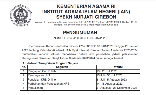 Pengumuman Perubahan Jadwal Herregistrasi Program Sarjana Semester Ganjil TA 2023/2024