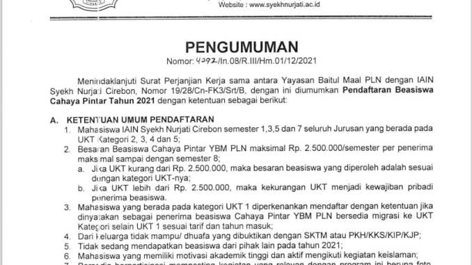 Pengumuman Beasiswa Cahaya Pintar PLN 2021