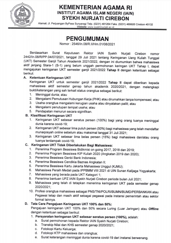 Pengumuman Perpanjangan Keringanan UKT IAIN Syekh Nurjati Cirebon