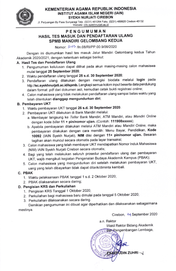 Pengumuman Hasil Tes Masuk dan Pendaftaran Ulang SPMB Mandiri Gelombang II