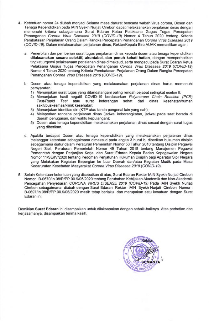 Surat Edaran Rektor IAIN Syekh Nurjati Cirebon mengenai Perubahan Kebijakan Akademik dan Non Akademik.