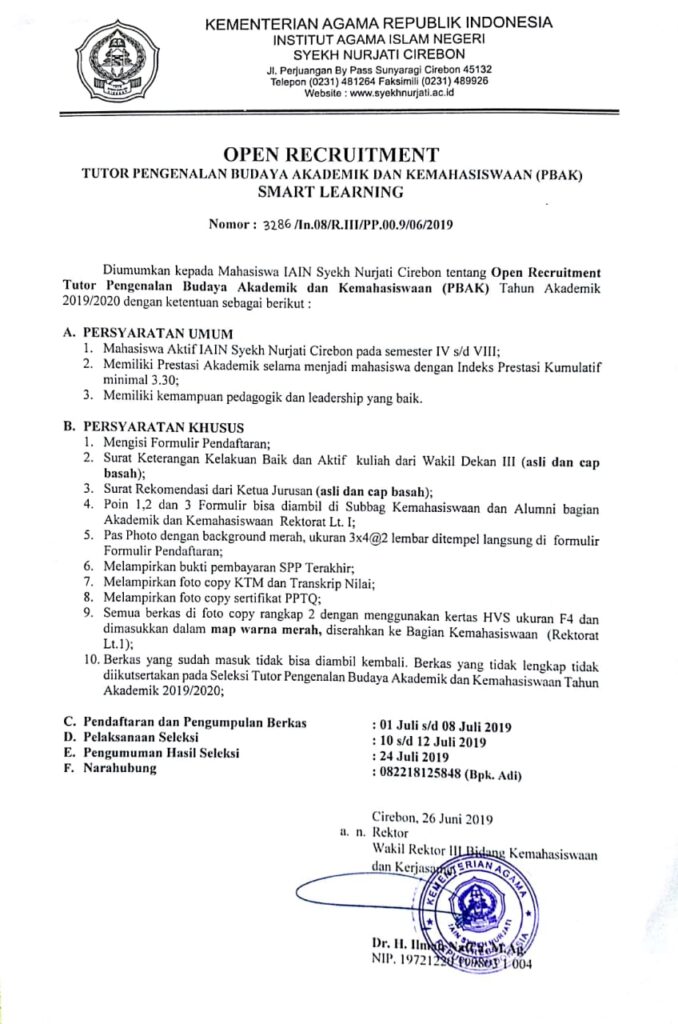 Open Recruitment Tutor Pengenalan Budaya Akademik dan Kemahasiswaan (PBAK) Smart Learning
