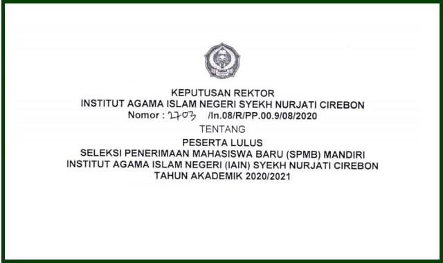 Pengumuman Kelulusan SPMB Mandiri IAIN Syekh Nurjati Cirebon Tahun 2020