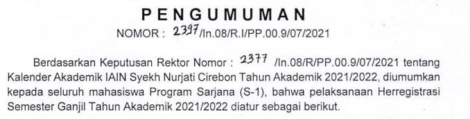 Pengumuman Her-registrasi Perkuliahan Semester Ganjil Tahun Akademik 2021/2022
