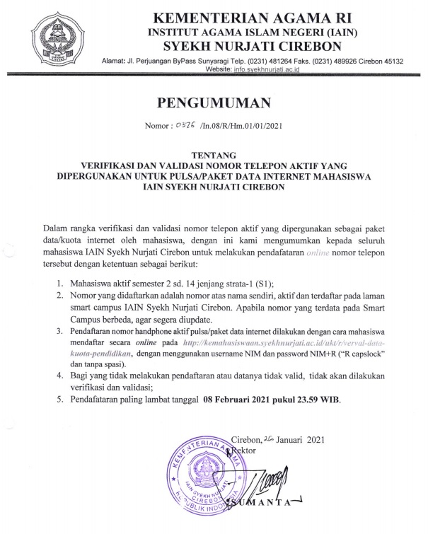 Pengumuman Verifikasi dan Validasi Nomor Telepon Aktif untuk data Internet Mahasiswa