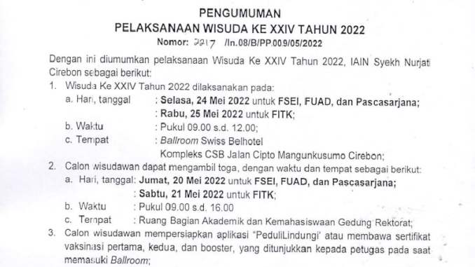 PENGUMUMAN PELAKSANAAN WISUDA KE XXIV IAIN SYEKH NURJATI CIREBON TAHUN 2022 JURUSAN ILHA