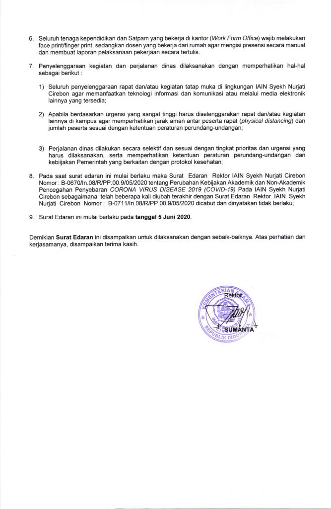 Surat Edaran Rektor IAIN Syekh Nurjati Cirebon, Tentang Kebijakan Akademik dan Non-Akademik Dalam Tatanan Normal Baru
