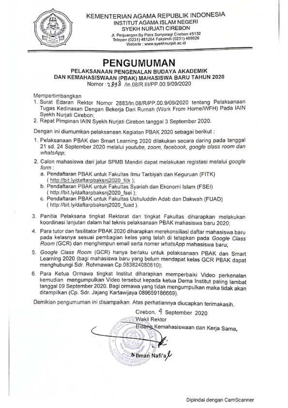 Pengumuman (PBAK Tahun 2020)