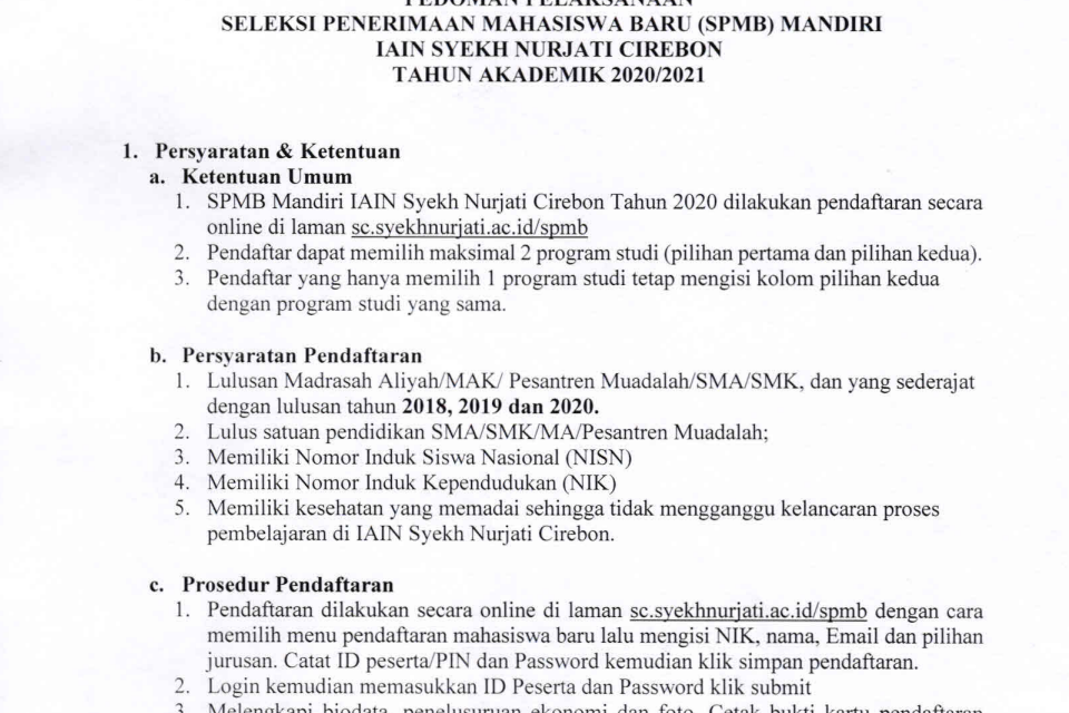Pengumuman SPMB Mandiri IAIN Syekh Nurjati Cirebon Tahun 2020