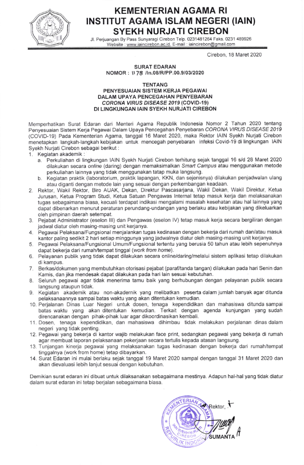 Surat Edaran Penyesuaian Sistem Kerja dalam upaya pencegahan Penyebaran Virus Corona di lingkungan IAIN Syekh Nurjati Cirebon